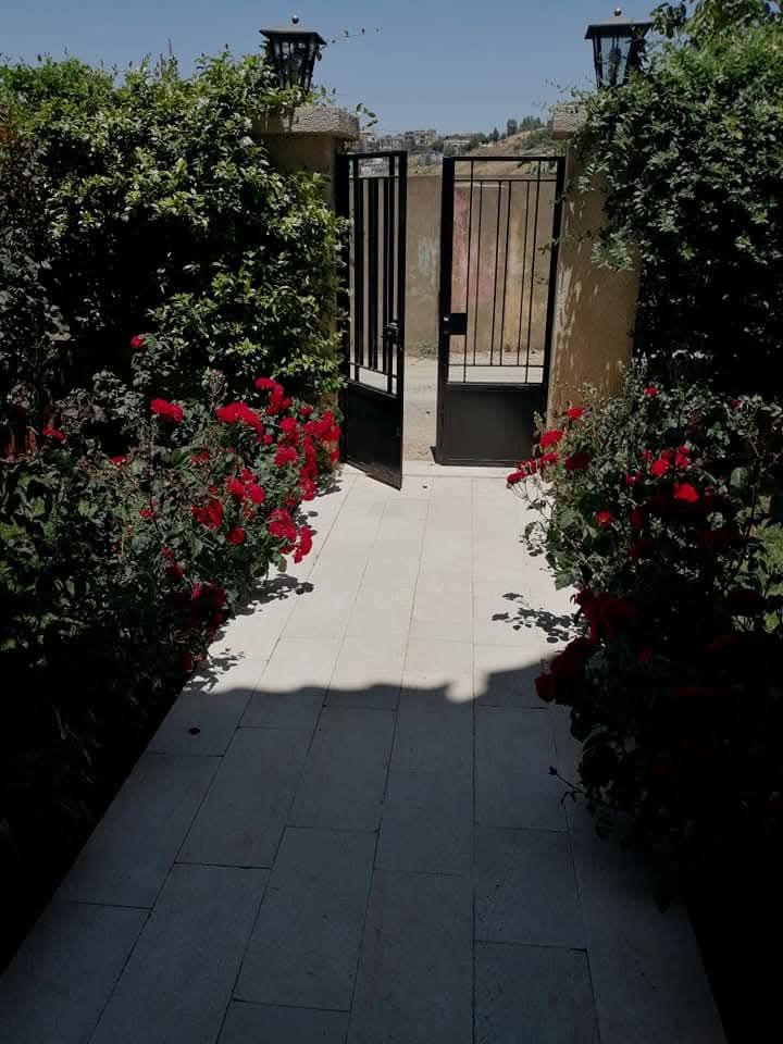 Paved entrance path with red roses leading to the gate